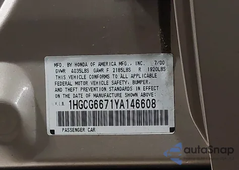 2000 Honda Accord 2.3 Ex from USA, damaged, VIN 1HGCG6671YA146608